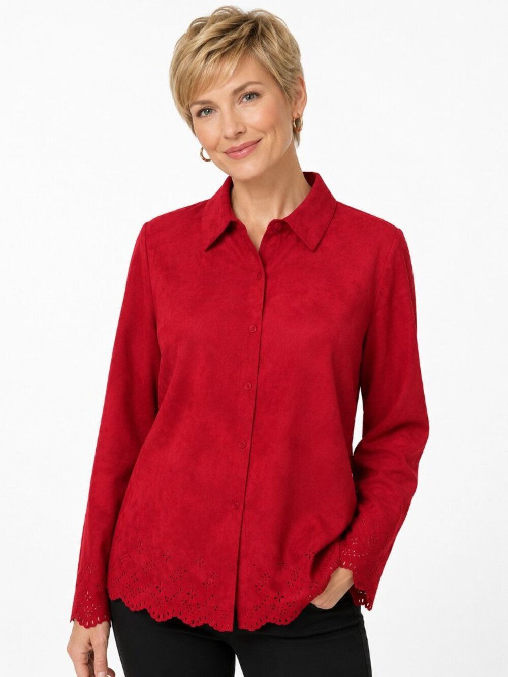 Relativity Red Faux Suede Floral Cutout Trim Shirt